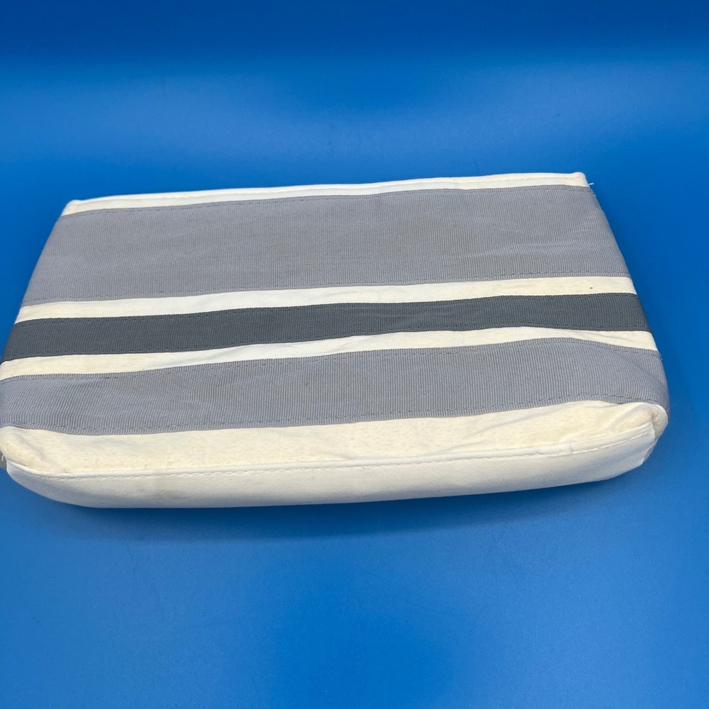Yves Saint Laurent YSL Striped Cosmetic Pouch Grey White Silver Monogram Charm